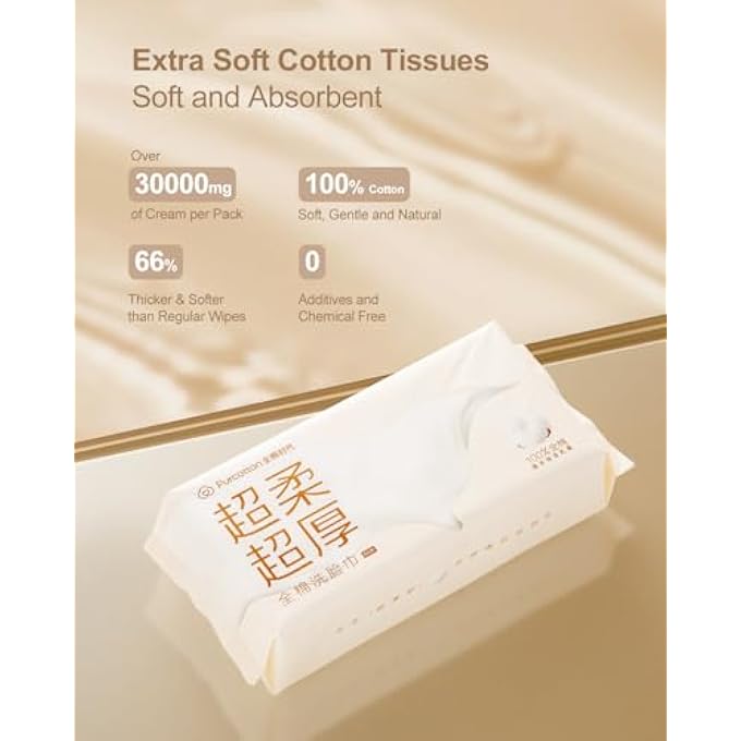 PURCOTTON FACE WIPES, EXTRA SOFT & THICK FACE TOWEL COTTON FACIAL TISSUES DISPOSABLE DRY WIPES, DRY BABY TISSUES WET&DRY PURE COTTON FACE TOWELS FOR MAKEUP REMOVE, CLEANSING, SKINCARE-3 PACK - Image 2
